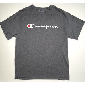 CHAMPION Adult MEDIUM Charcoal Gray Spell-Out Logo Graphic S/S Crew T-SHIRT EUC